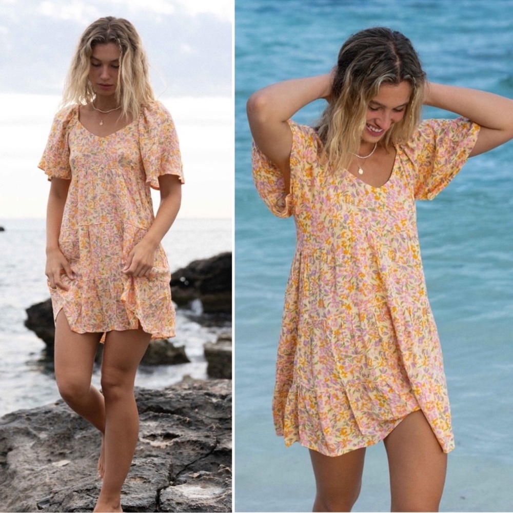 Billabong floral tiered mini dress flutter sleeves pink yellow purple orange